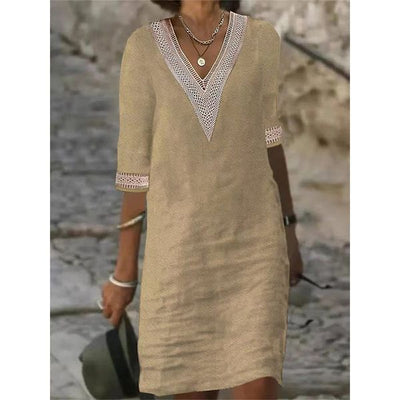 Lara® Vestido lino, cuello en V y manga media de encaje en color sólido