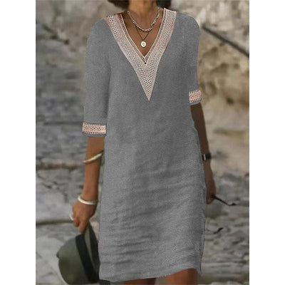 Lara® Vestido lino, cuello en V y manga media de encaje en color sólido